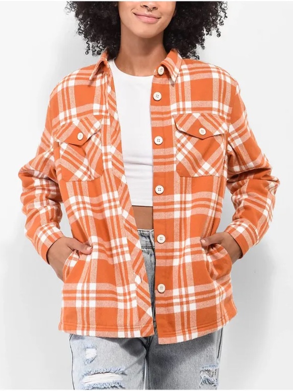 Empyre Cayden Flannel Sherpa Jacket in Orange and White Sherbet  - Size Large